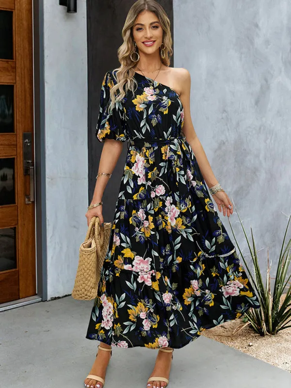 Geometric Print One-Shoulder Midi Dress with Belted Waist