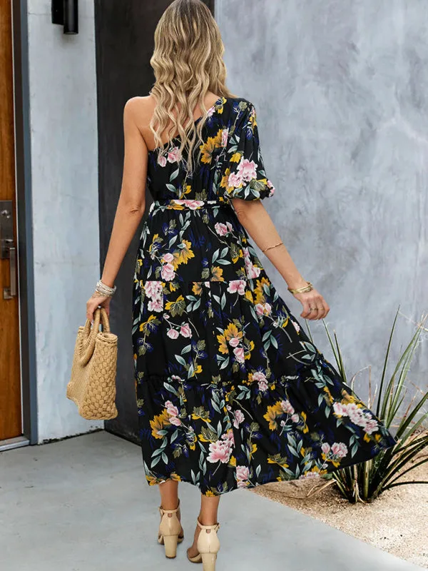 Geometric Print One-Shoulder Midi Dress with Belted Waist