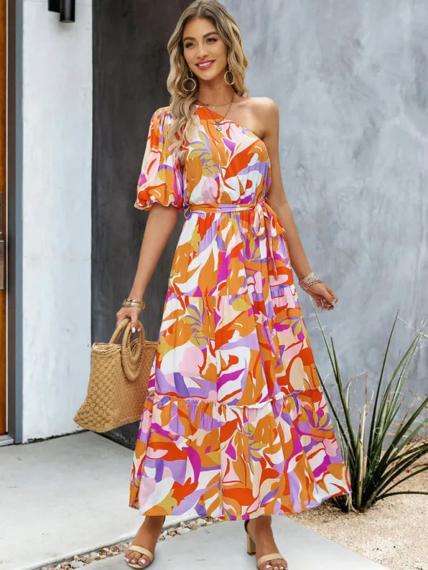 Geometric Print One-Shoulder Midi Dress with Belted Waist