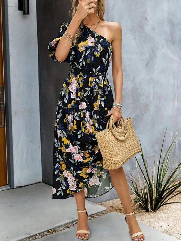 Geometric Print One-Shoulder Midi Dress with Belted Waist