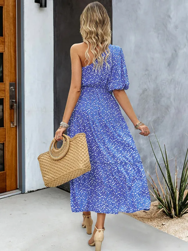 Geometric Print One-Shoulder Midi Dress with Belted Waist