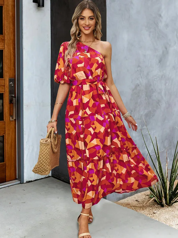 Geometric Print One-Shoulder Midi Dress with Belted Waist