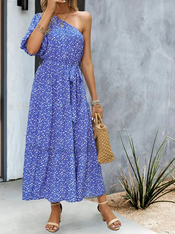 Geometric Print One-Shoulder Midi Dress with Belted Waist