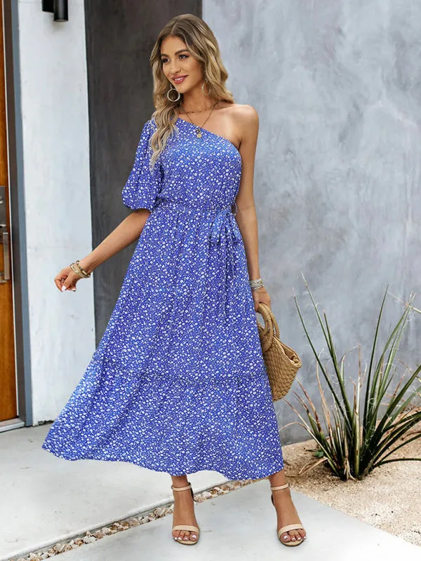 Geometric Print One-Shoulder Midi Dress with Belted Waist