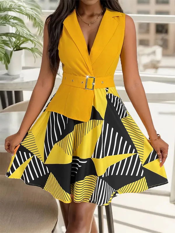 Geometric Print Sleeveless Dress with Belted Waist and Flared Skirt