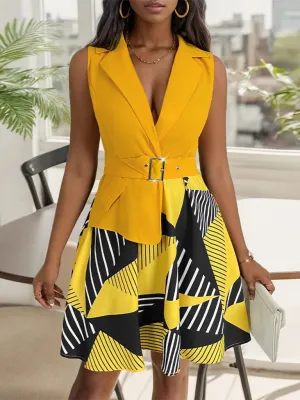 Geometric Print Sleeveless Dress with Belted Waist and Flared Skirt