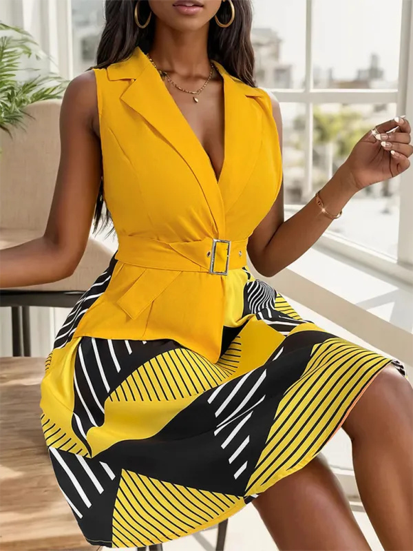 Geometric Print Sleeveless Dress with Belted Waist and Flared Skirt
