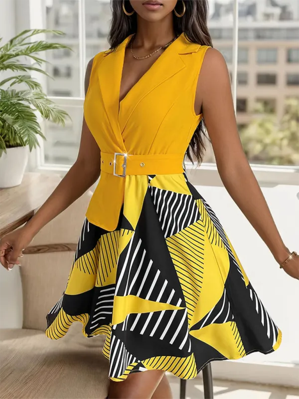 Geometric Print Sleeveless Dress with Belted Waist and Flared Skirt