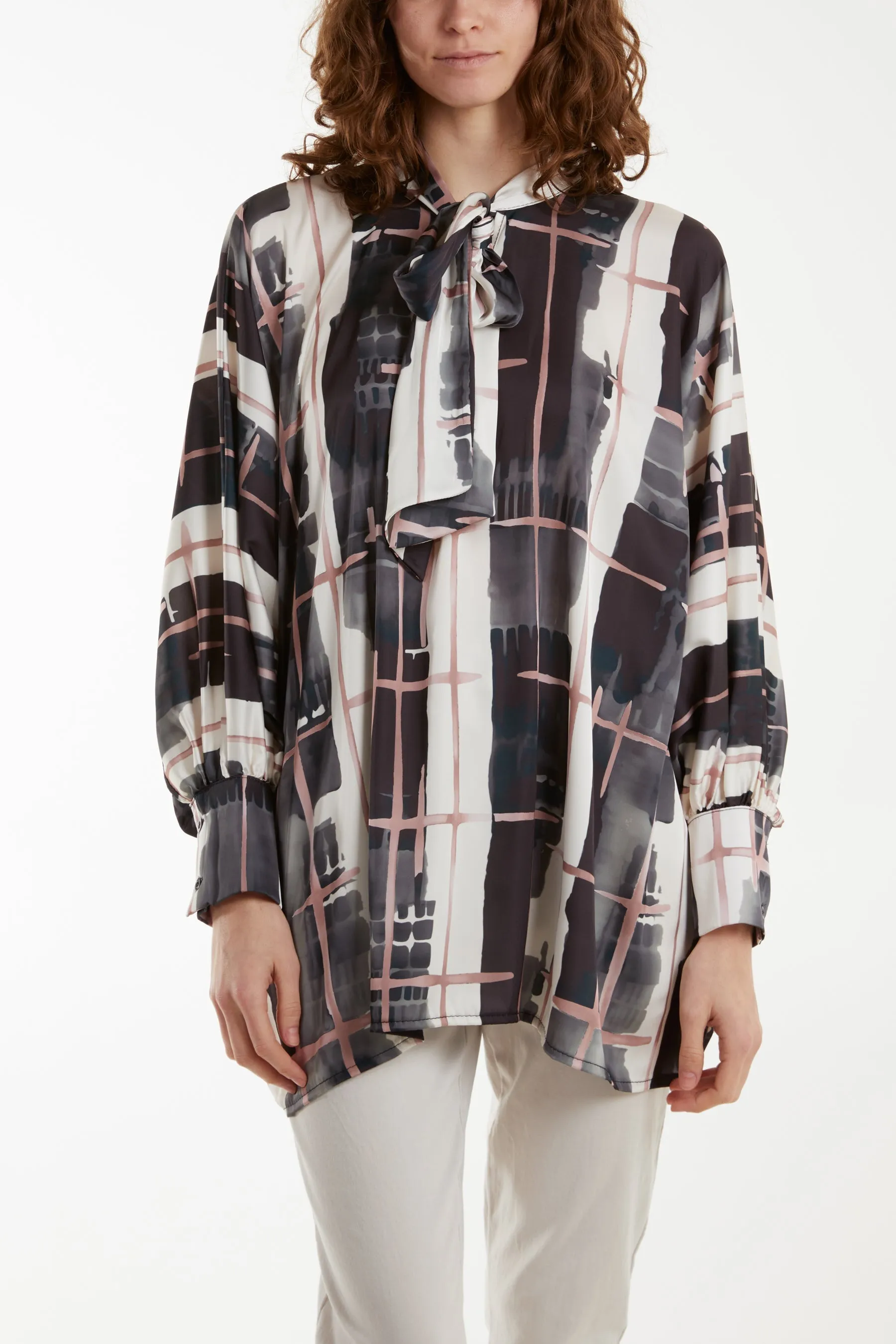 Geometric Pussybow Satin Blouse