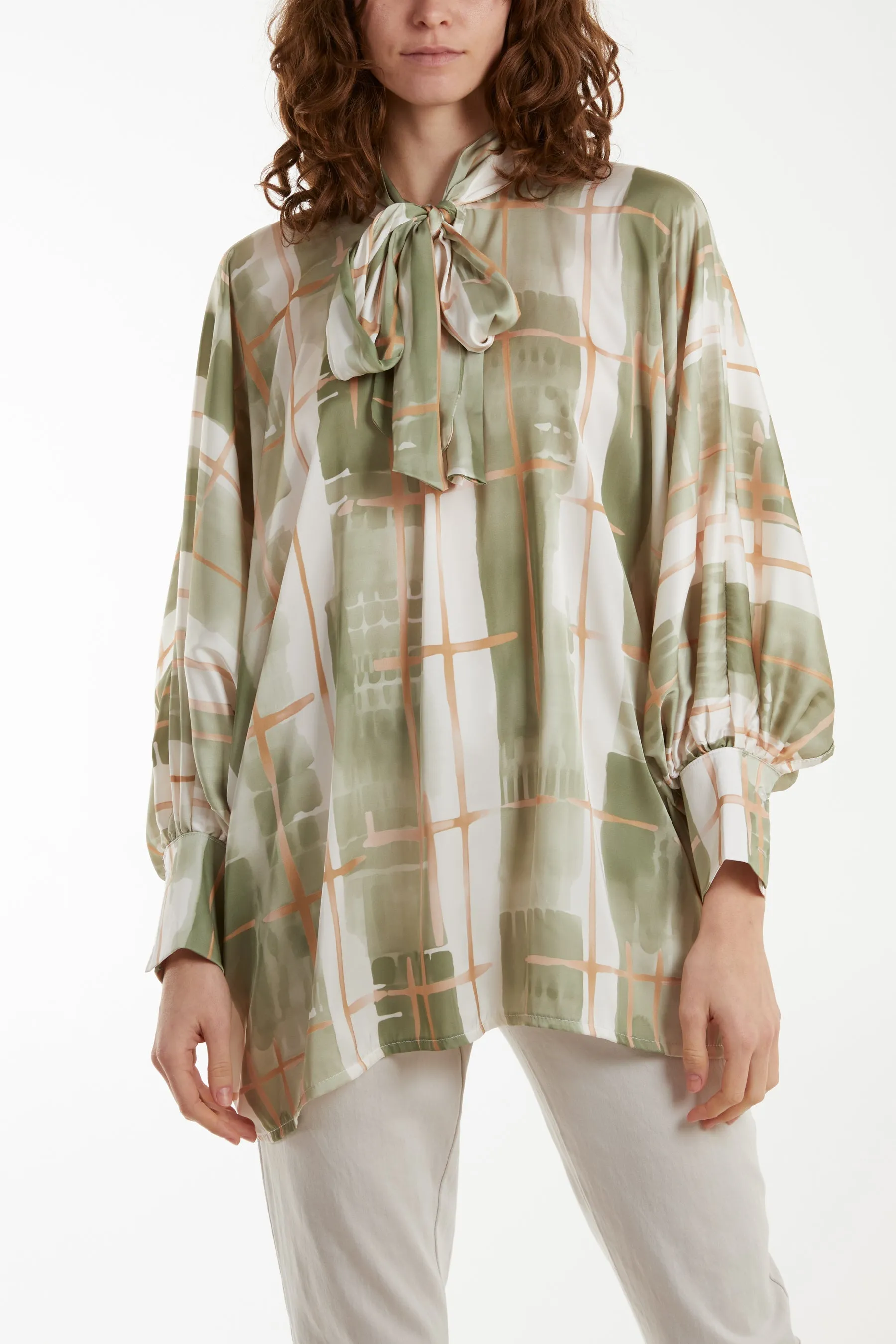 Geometric Pussybow Satin Blouse