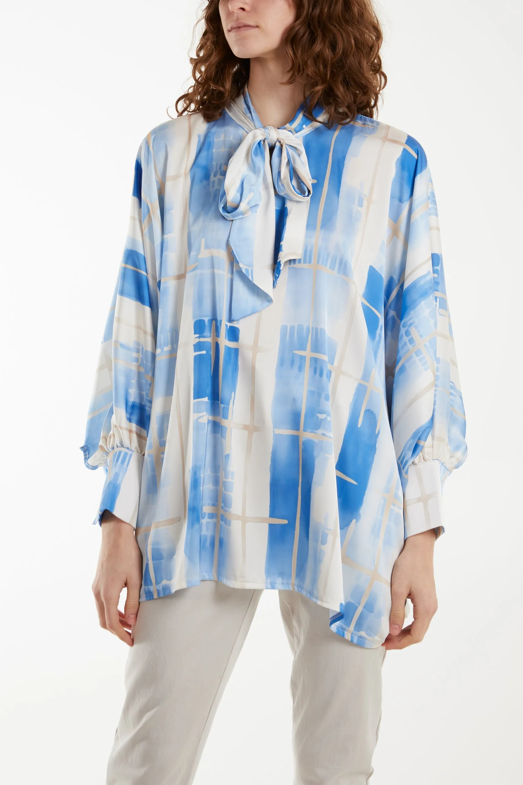 Geometric Pussybow Satin Blouse