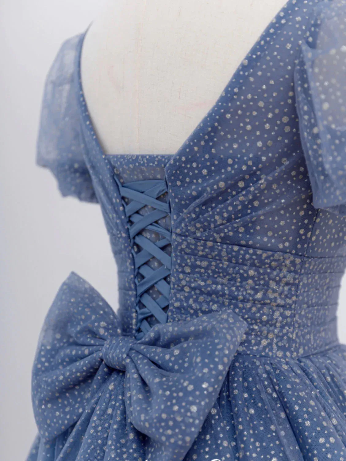 Gray Blue A Line Tulle Long Prom Dresses, Blue Tulle Formal Dresses