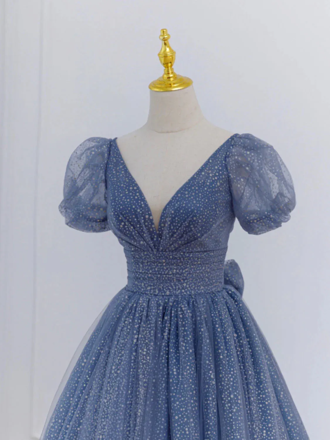 Gray Blue A Line Tulle Long Prom Dresses, Blue Tulle Formal Dresses