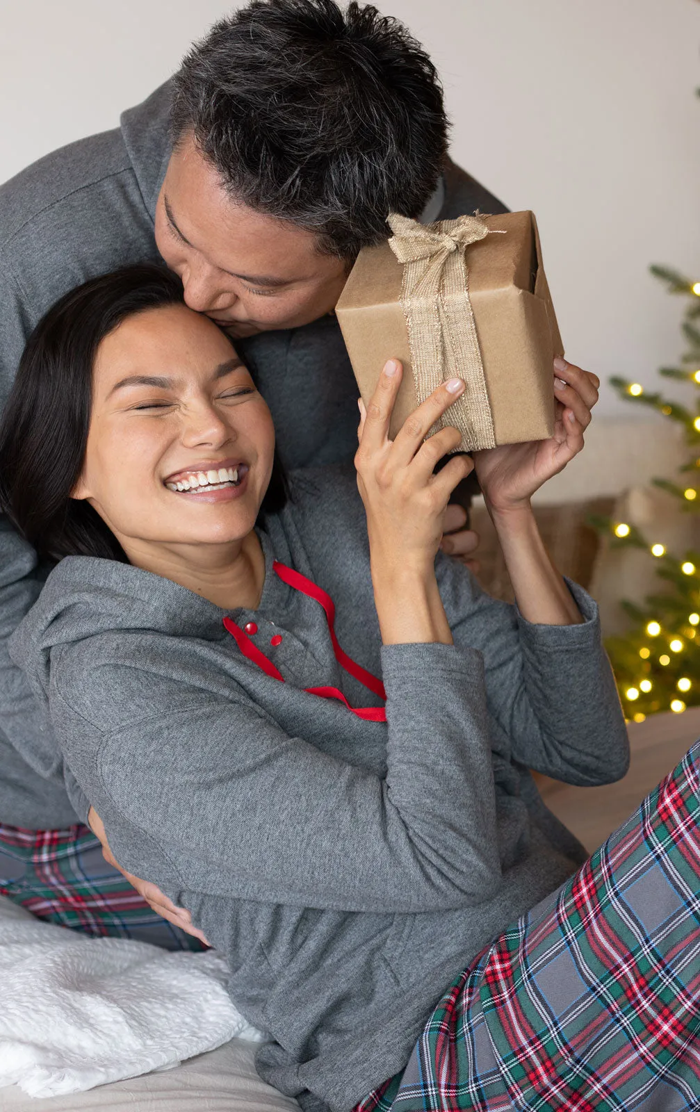 Gray Plaid Matching Couples Pajamas