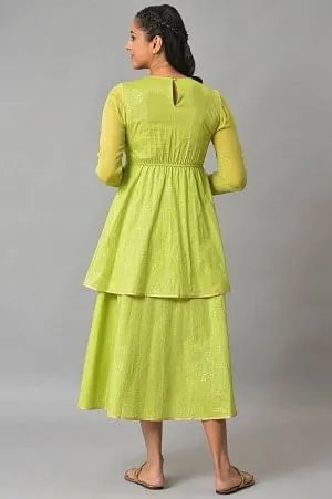 Green Flared Printed Modern Ethnic Dress