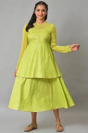 Green Flared Printed Modern Ethnic Dress