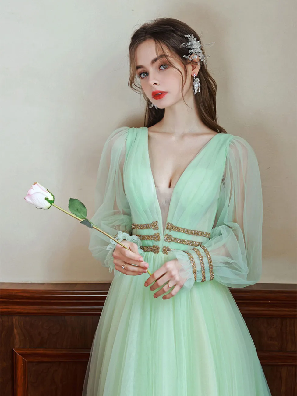 Green V Neck Tulle Green Long Prom Dresses, Green Long Formal Evening Dresses