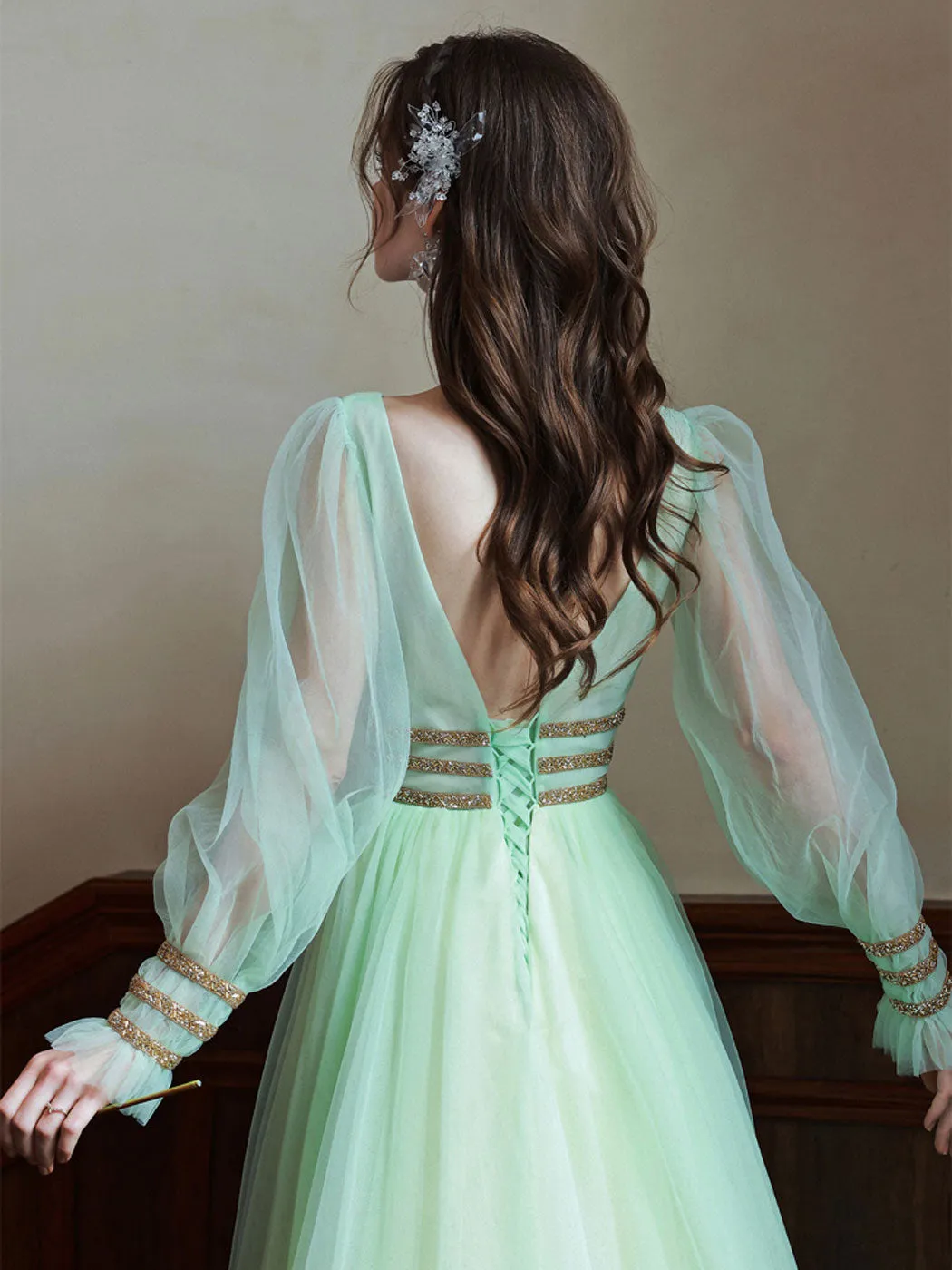 Green V Neck Tulle Green Long Prom Dresses, Green Long Formal Evening Dresses