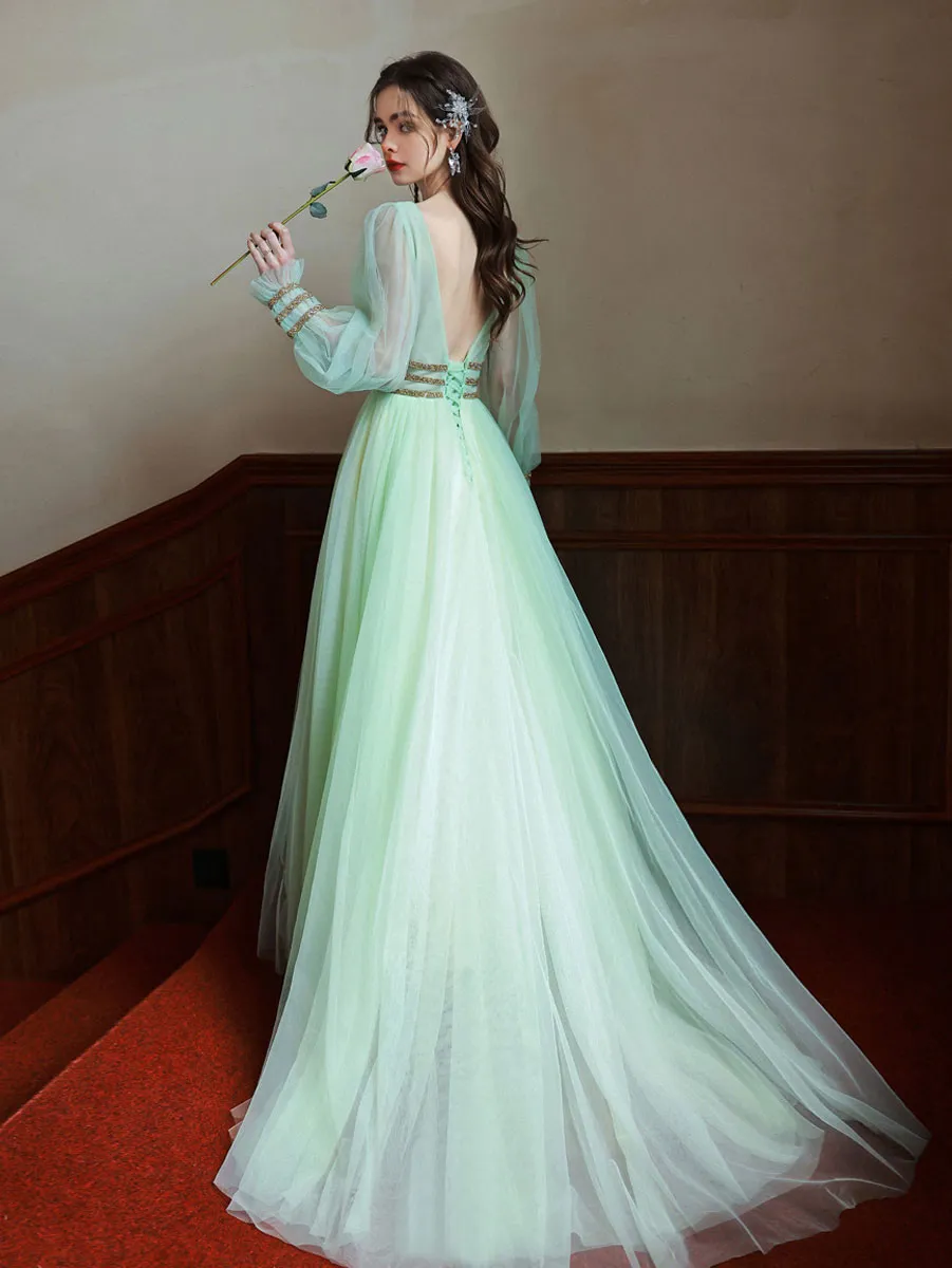 Green V Neck Tulle Green Long Prom Dresses, Green Long Formal Evening Dresses