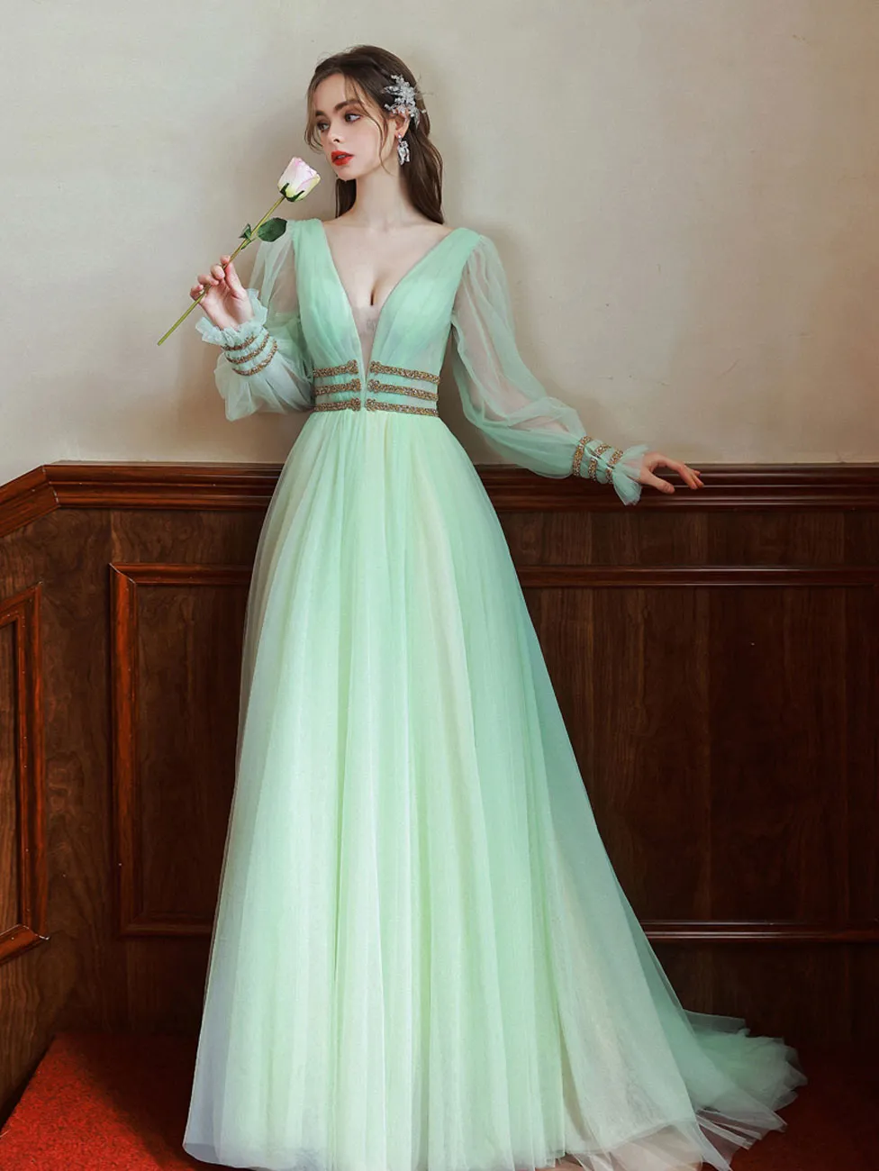Green V Neck Tulle Green Long Prom Dresses, Green Long Formal Evening Dresses