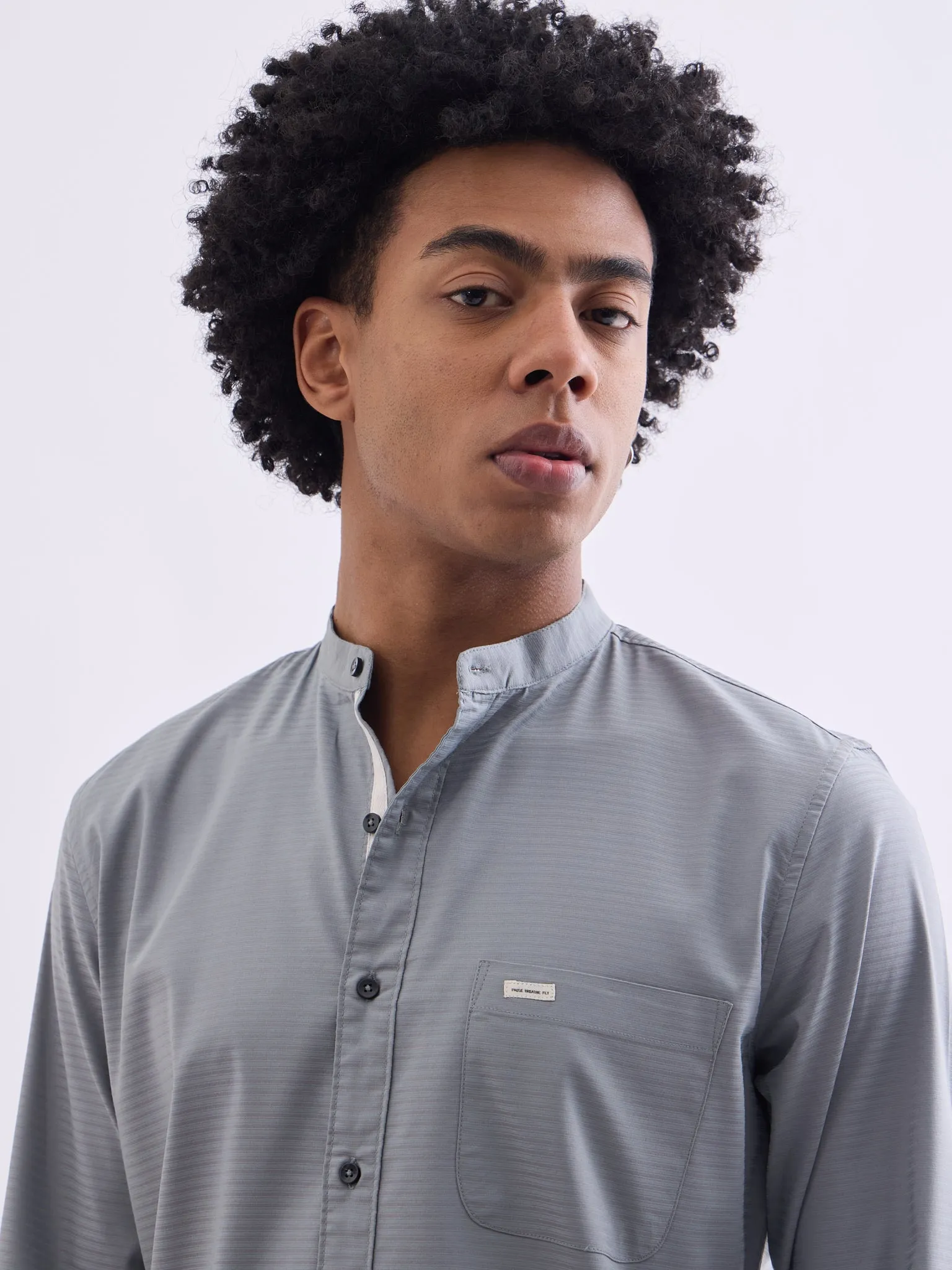 Grey Chinese Collar Slim Fit Shirt