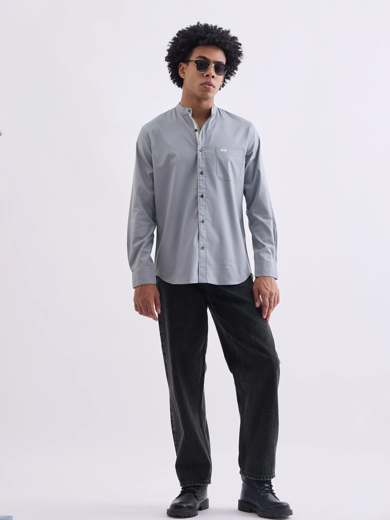 Grey Chinese Collar Slim Fit Shirt