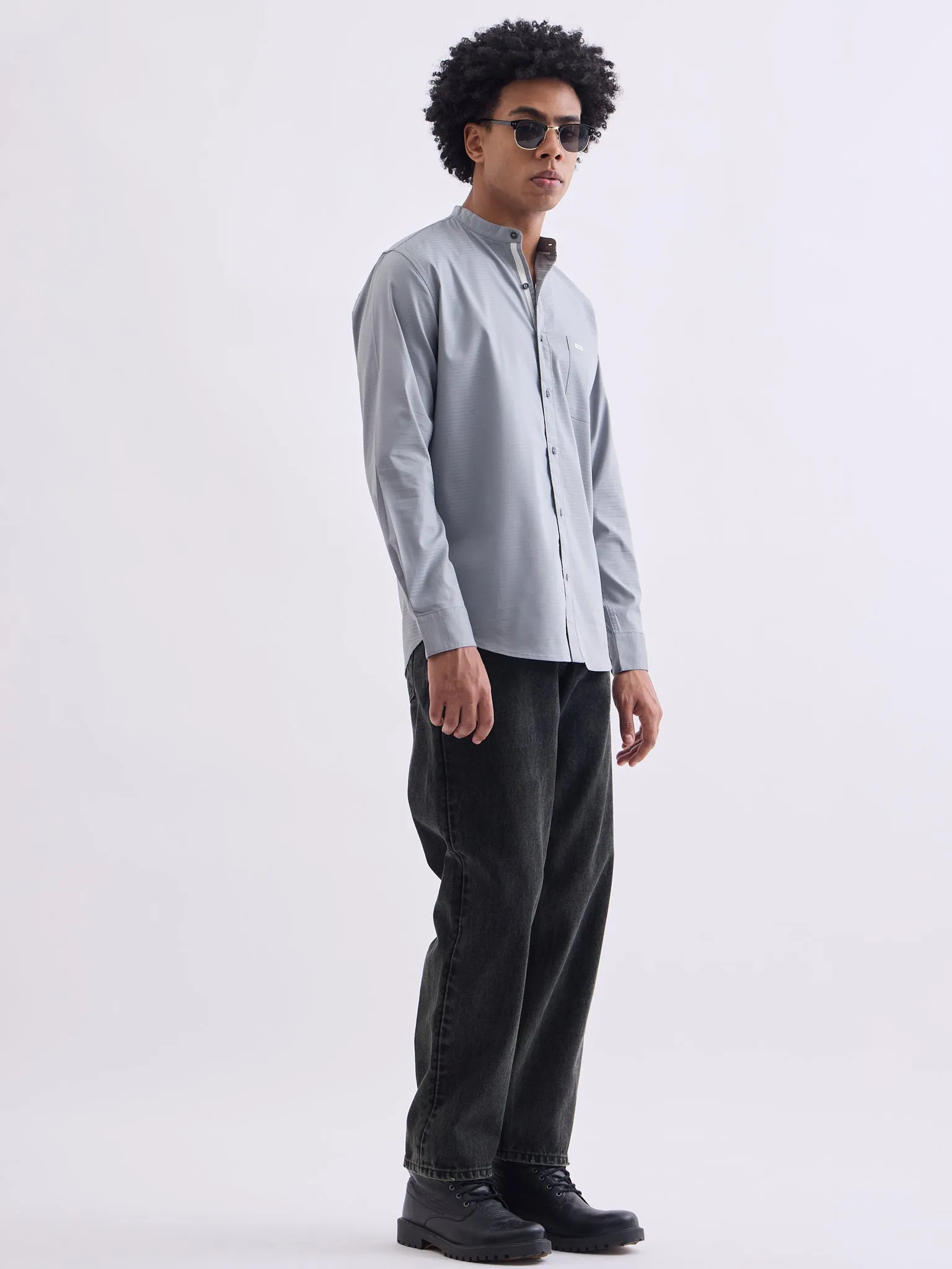 Grey Chinese Collar Slim Fit Shirt