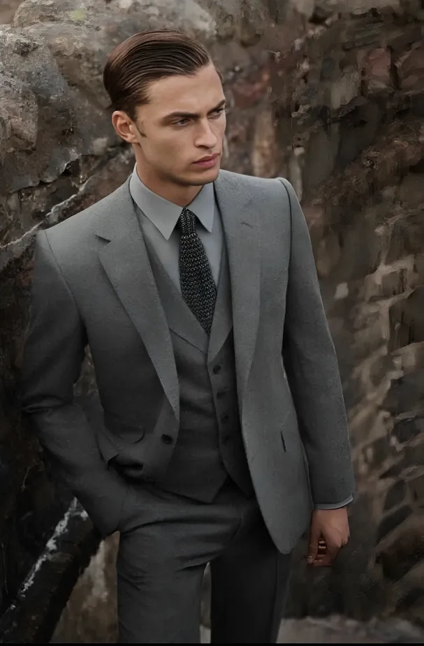 Grey Tweed Wool 3-Piece Suit for Men | Vintage Wedding & Winter Groom Wear