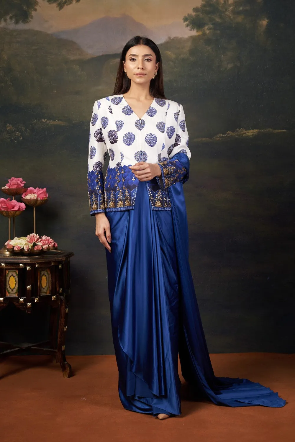 Hand Embroidered Coat with Pre-Draped Saree
