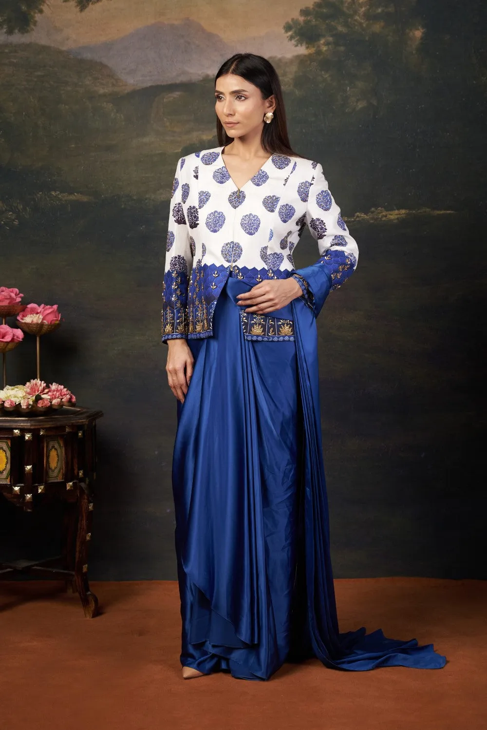 Hand Embroidered Coat with Pre-Draped Saree