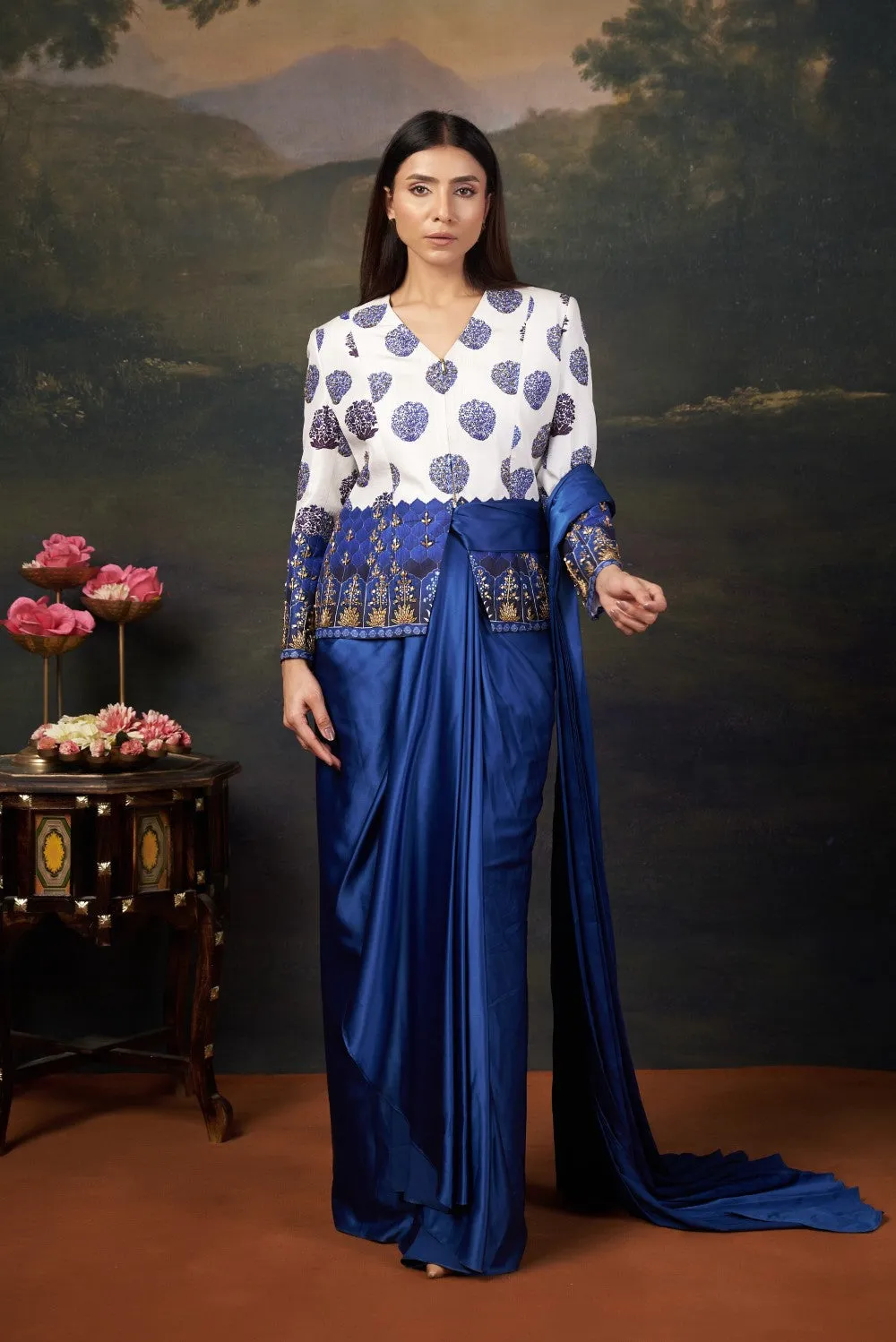 Hand Embroidered Coat with Pre-Draped Saree