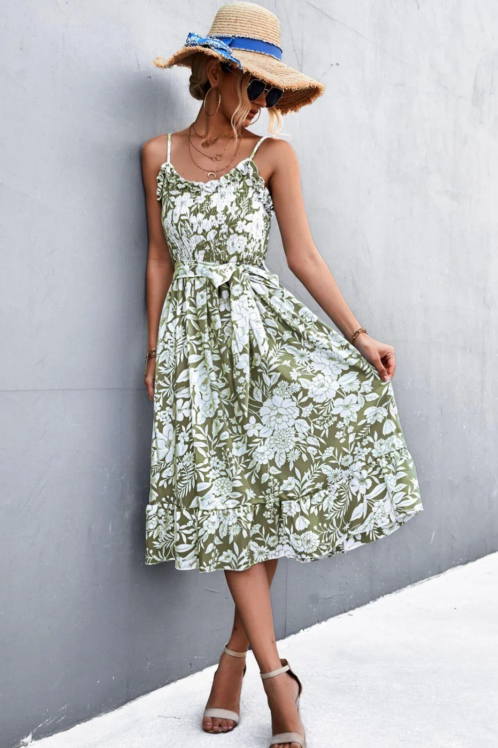 Hazel Blues® | Floral Frill Trim Scoop Neck Spaghetti Strap Dress