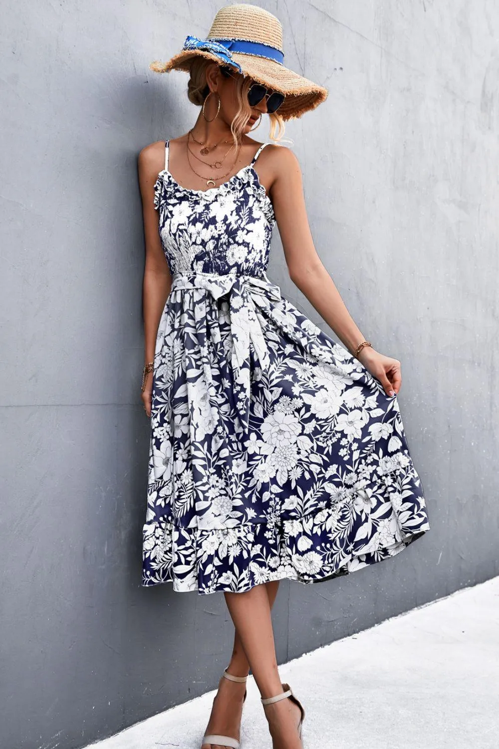 Hazel Blues® | Floral Frill Trim Scoop Neck Spaghetti Strap Dress