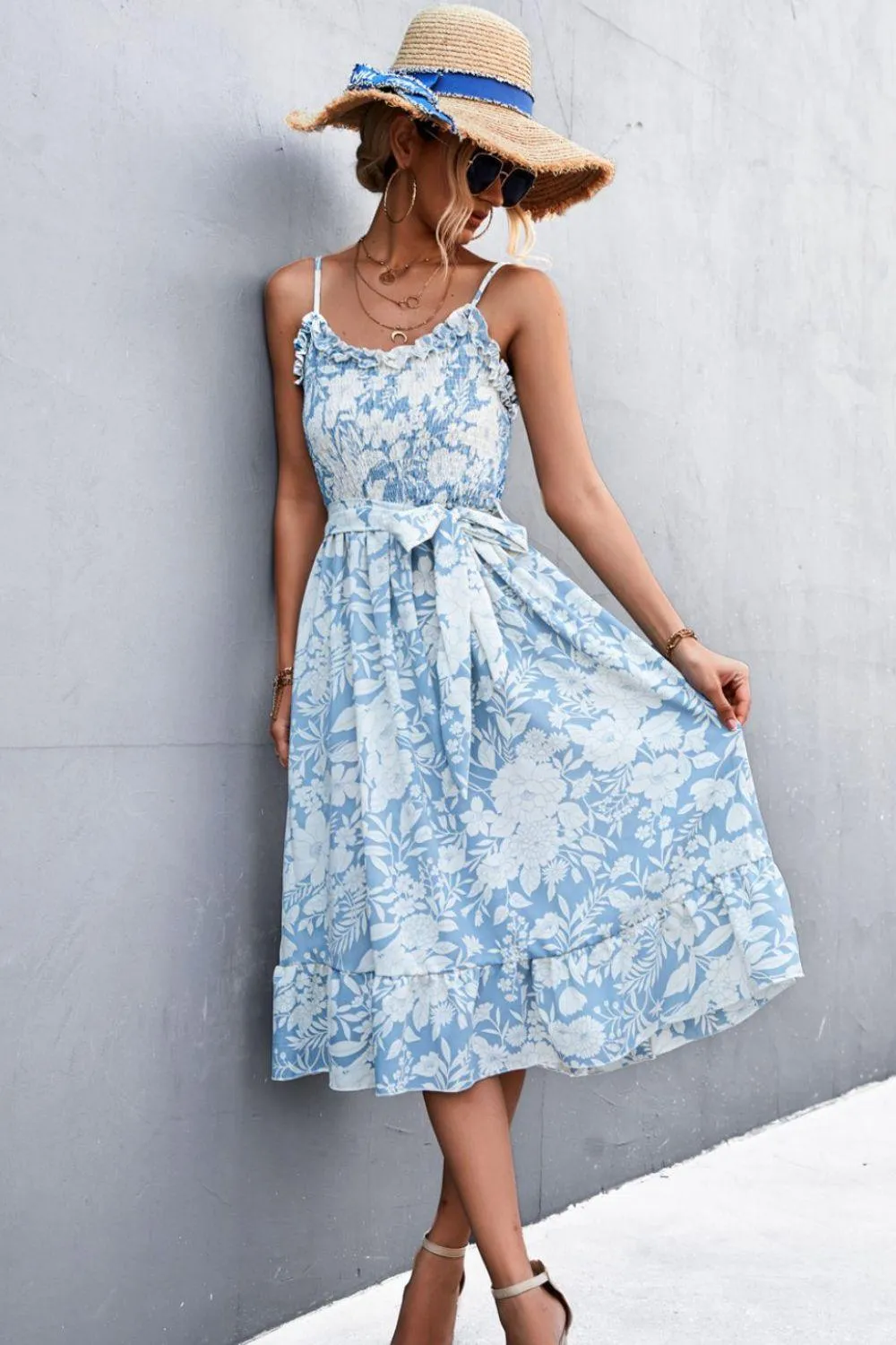 Hazel Blues® | Floral Frill Trim Scoop Neck Spaghetti Strap Dress