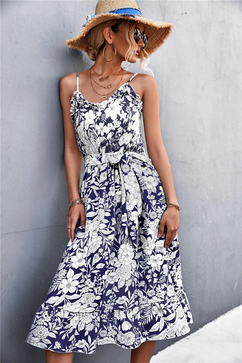 Hazel Blues® | Floral Frill Trim Scoop Neck Spaghetti Strap Dress