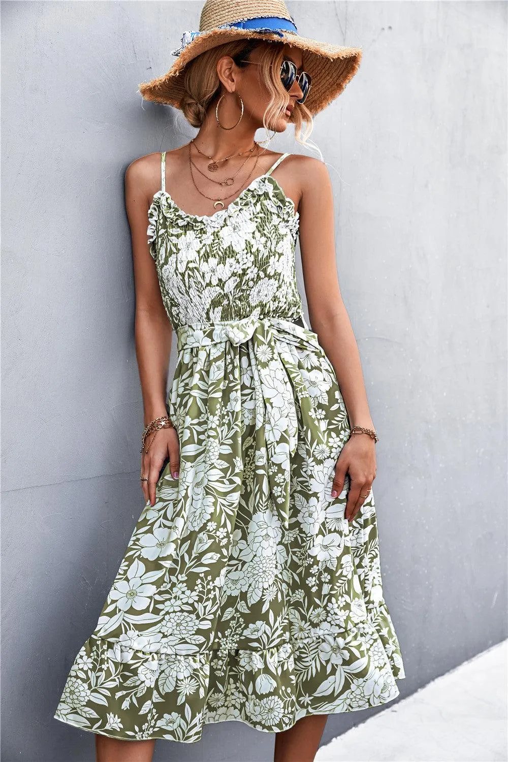 Hazel Blues® | Floral Frill Trim Scoop Neck Spaghetti Strap Dress