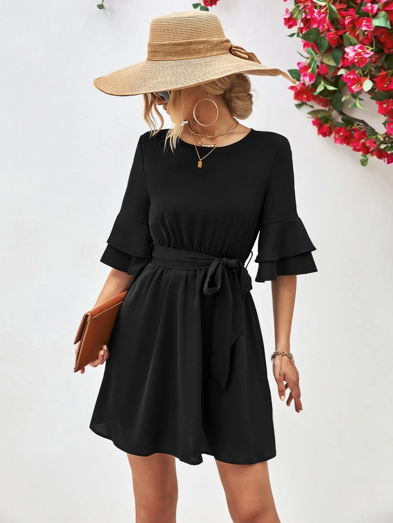 Hazel Blues® |  Round Neck Tie Belt Flounce Sleeve Dress