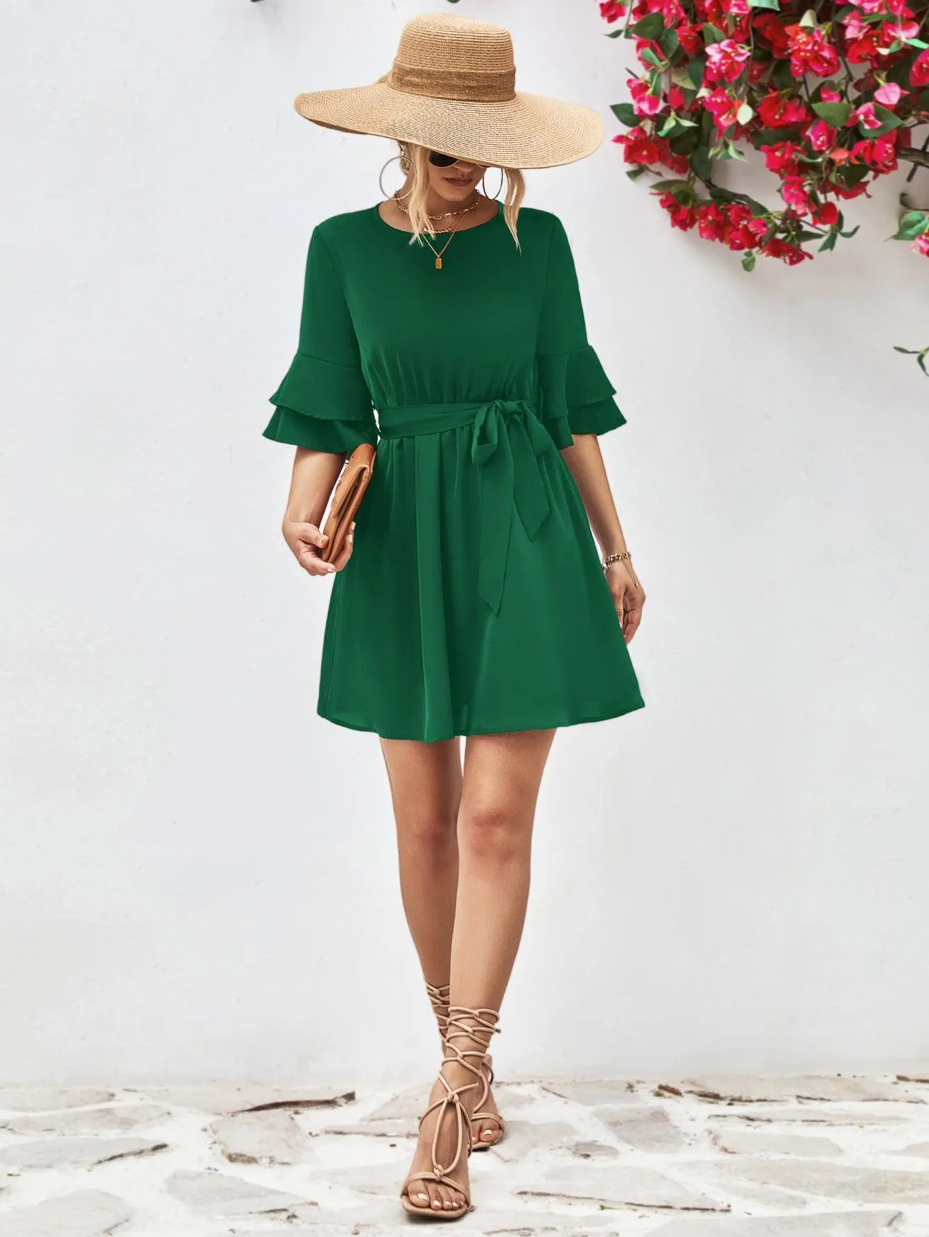 Hazel Blues® |  Round Neck Tie Belt Flounce Sleeve Dress
