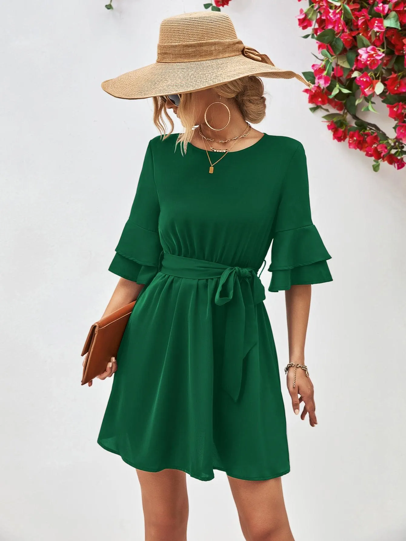 Hazel Blues® |  Round Neck Tie Belt Flounce Sleeve Dress