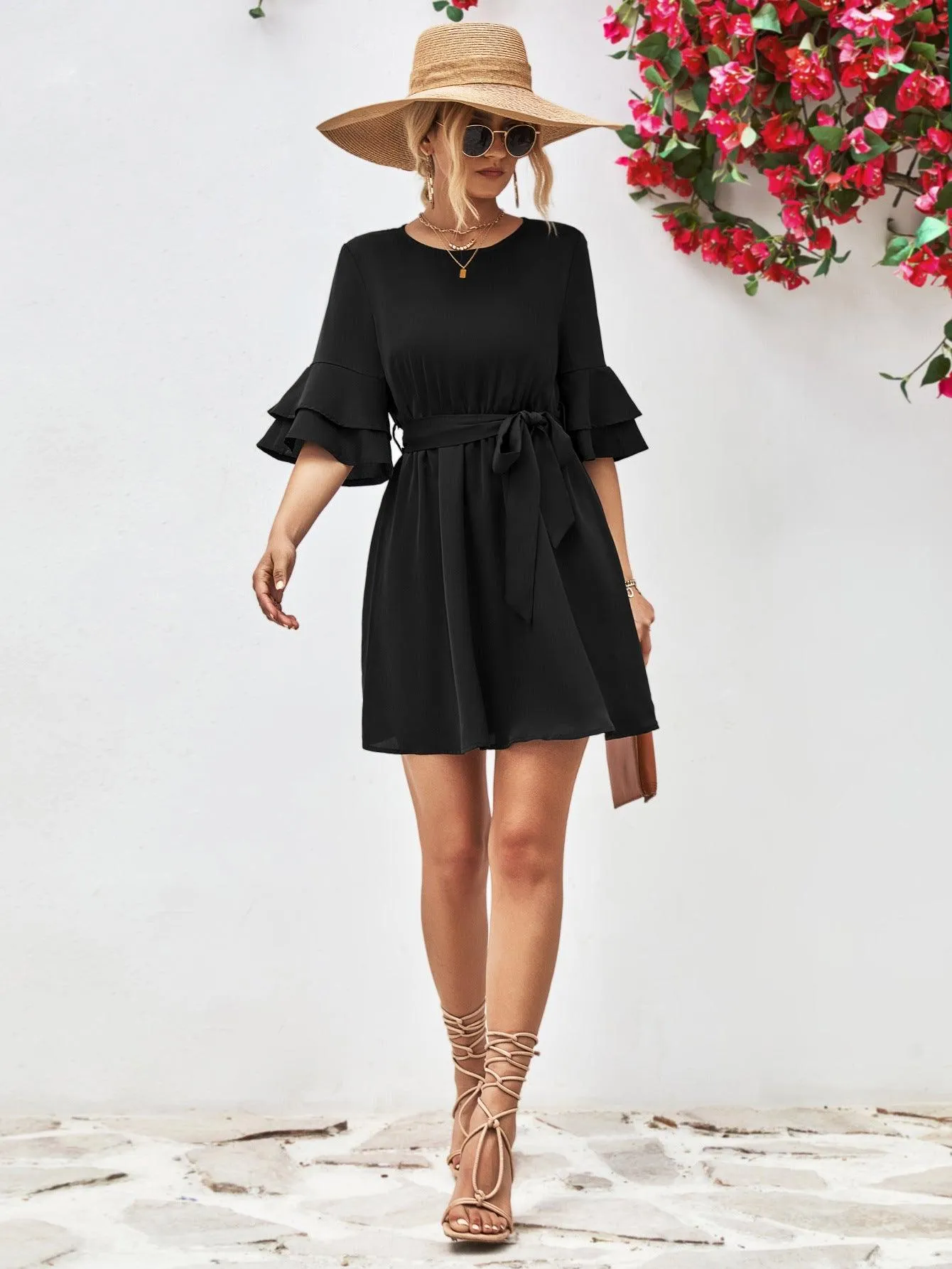 Hazel Blues® |  Round Neck Tie Belt Flounce Sleeve Dress