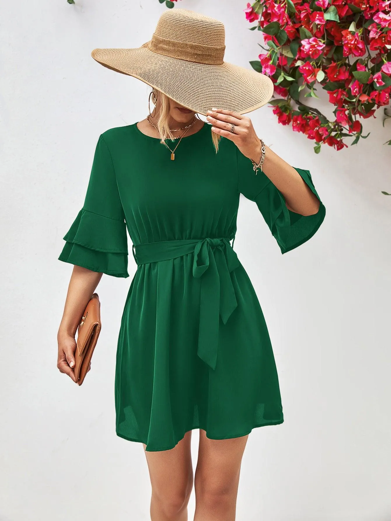 Hazel Blues® |  Round Neck Tie Belt Flounce Sleeve Dress