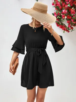 Hazel Blues® |  Round Neck Tie Belt Flounce Sleeve Dress