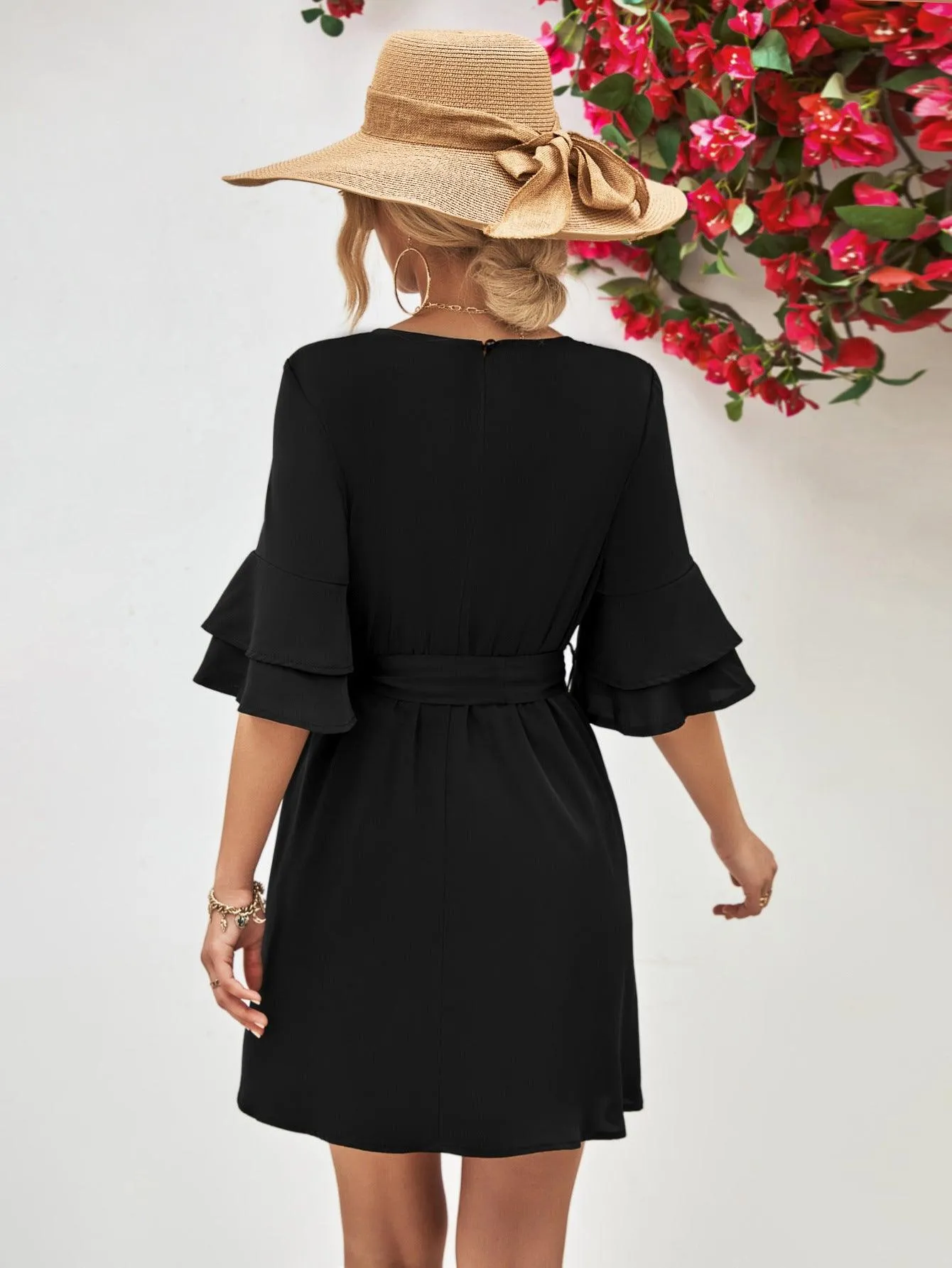 Hazel Blues® |  Round Neck Tie Belt Flounce Sleeve Dress
