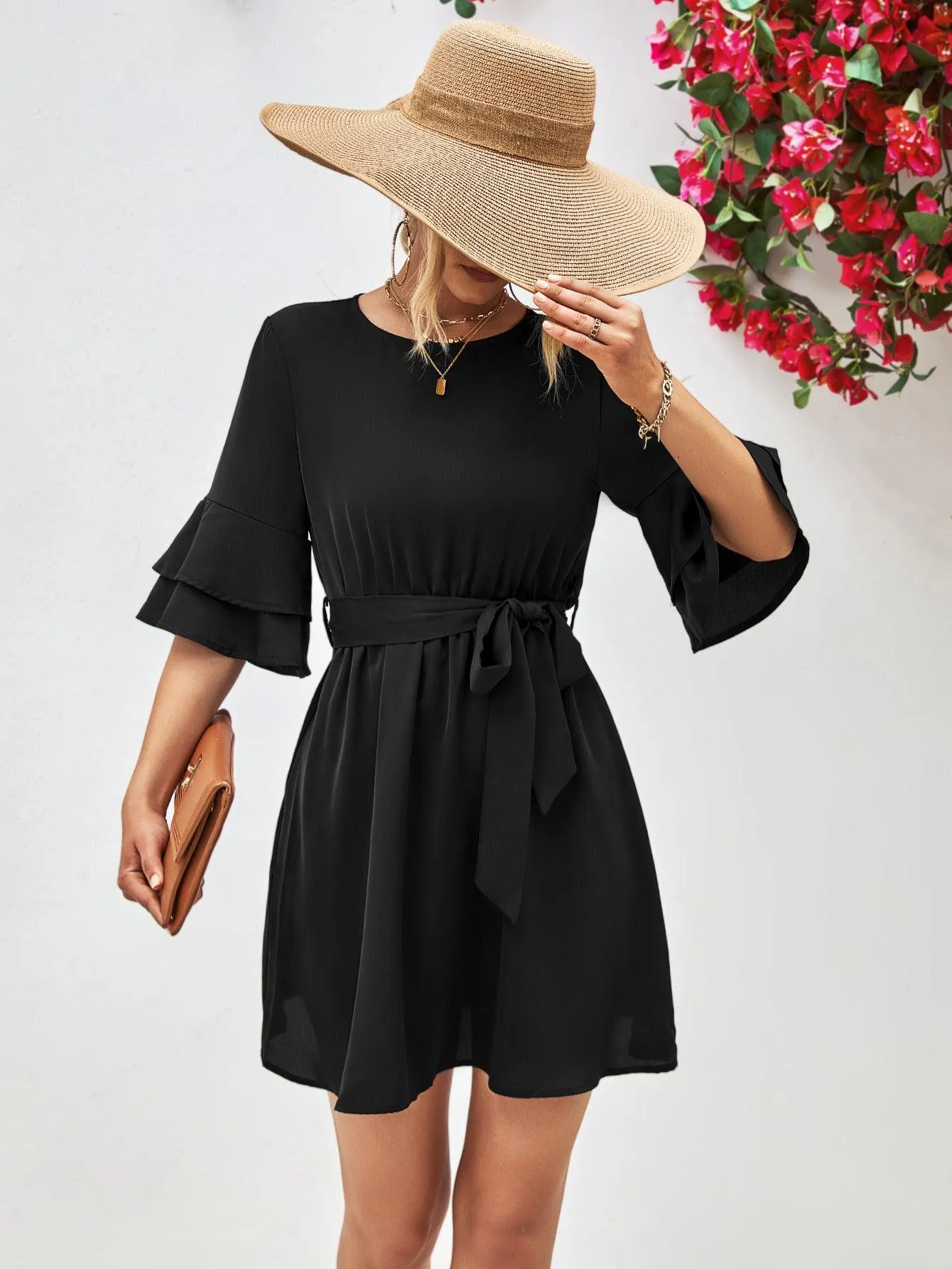 Hazel Blues® |  Round Neck Tie Belt Flounce Sleeve Dress