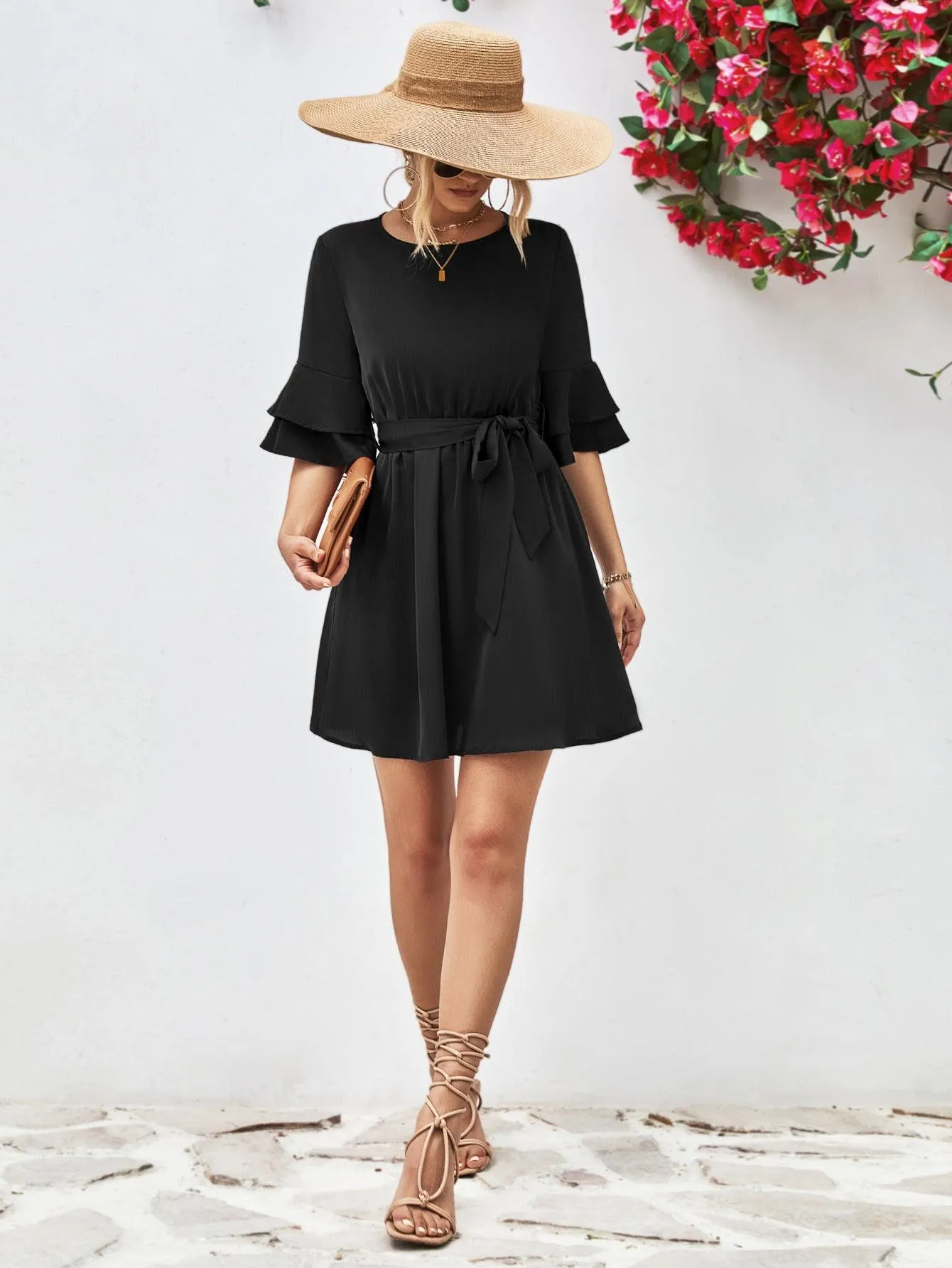 Hazel Blues® |  Round Neck Tie Belt Flounce Sleeve Dress