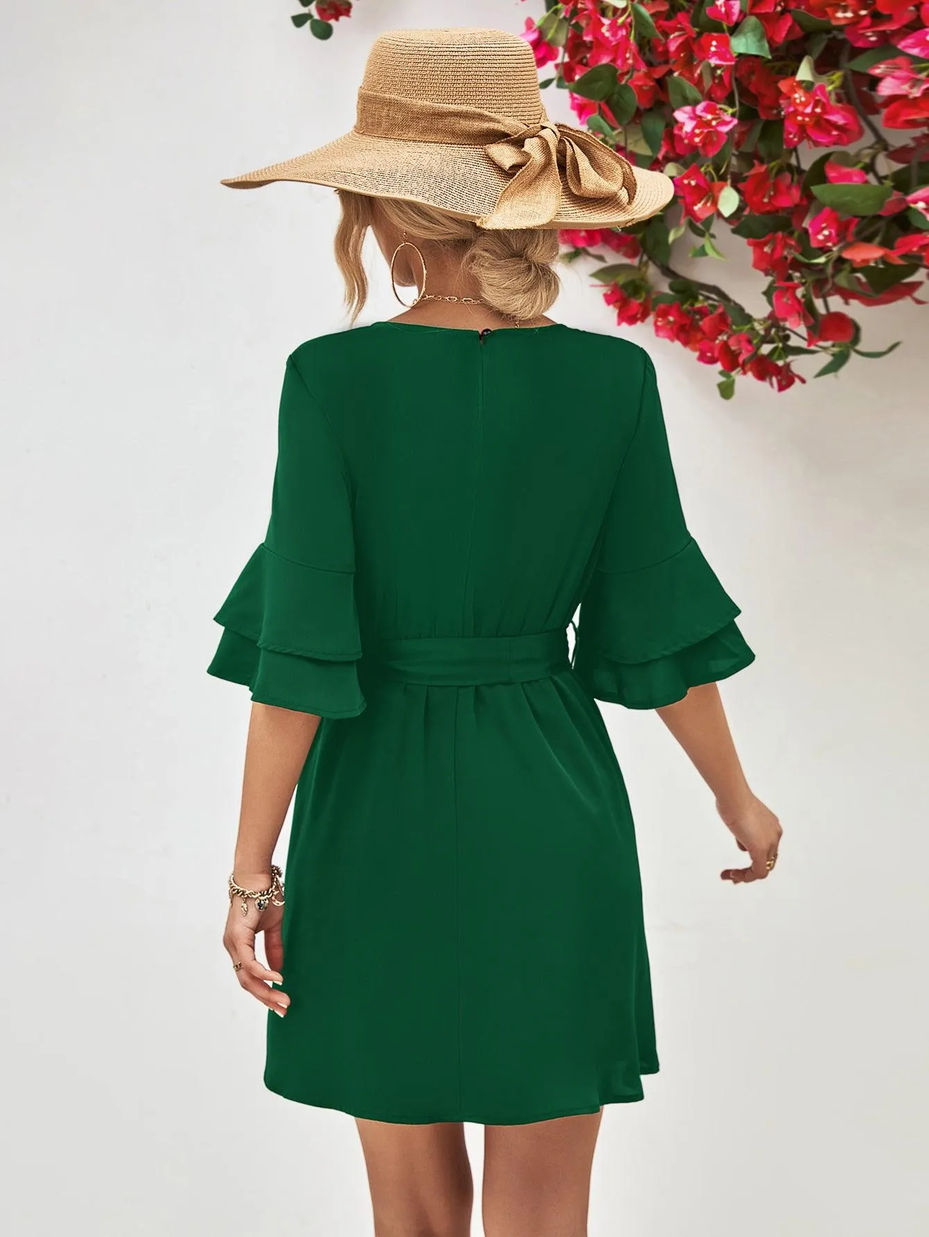 Hazel Blues® |  Round Neck Tie Belt Flounce Sleeve Dress