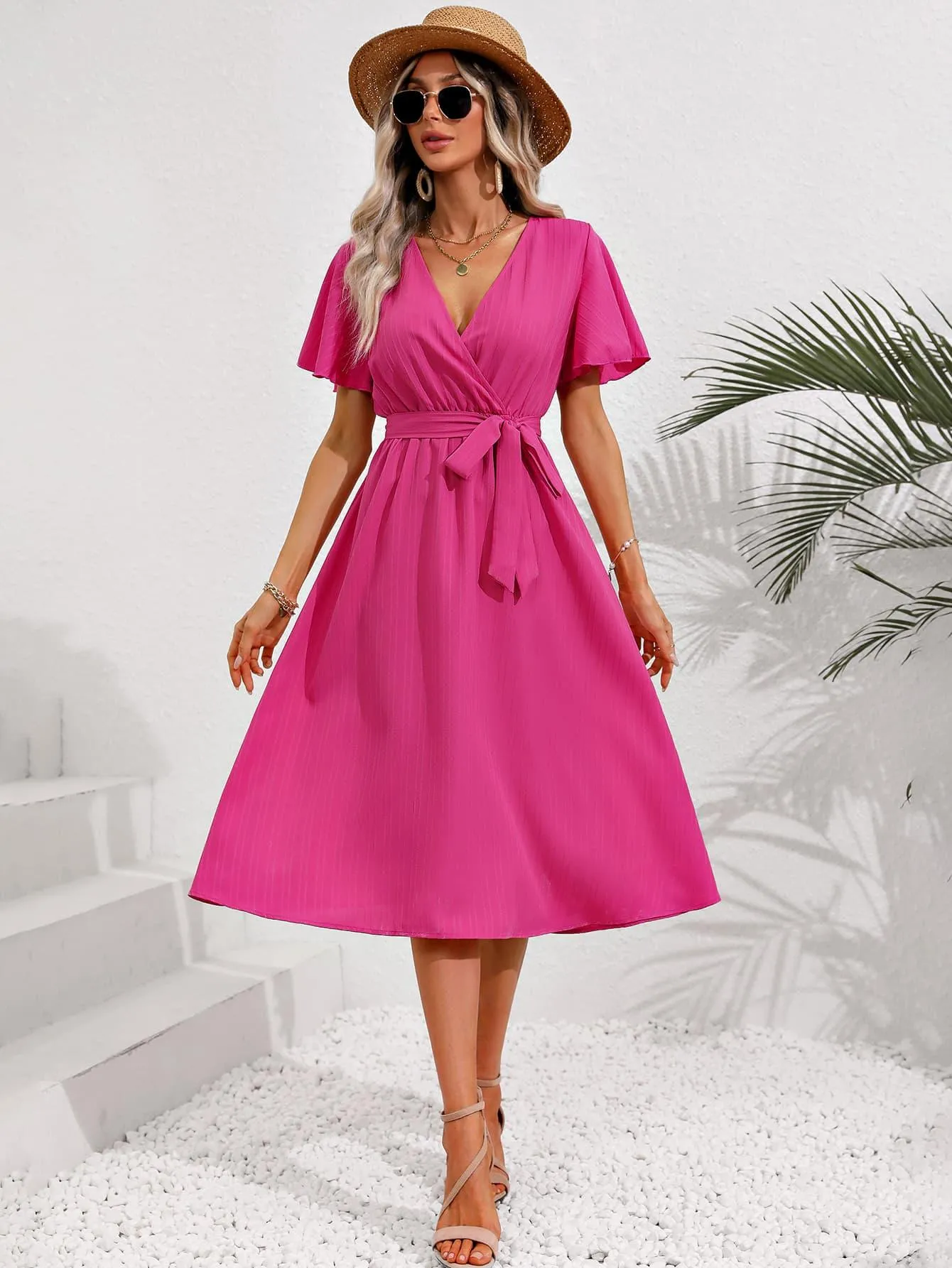 Hazel Blues® |  Surplice Neck Tie Belt Midi Dress