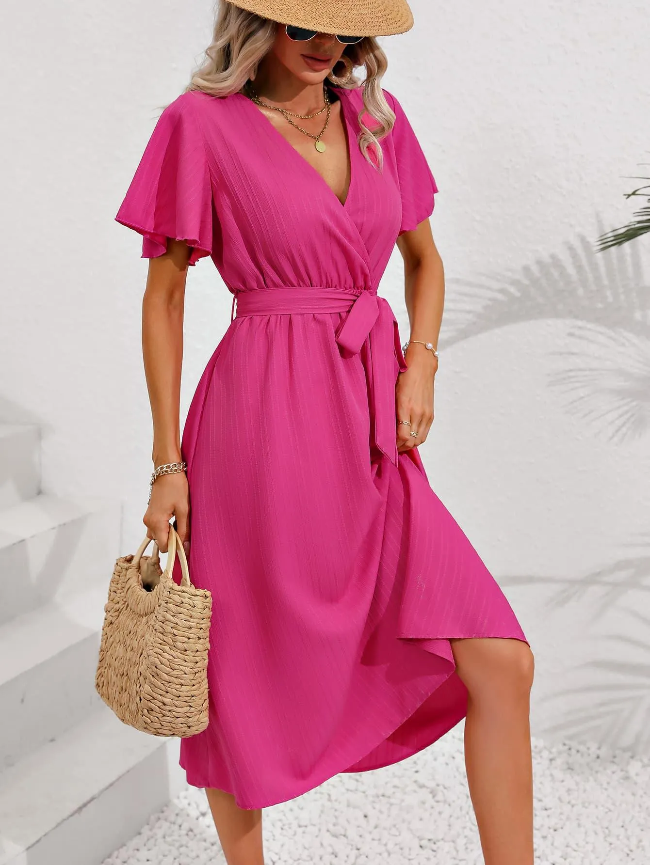 Hazel Blues® |  Surplice Neck Tie Belt Midi Dress