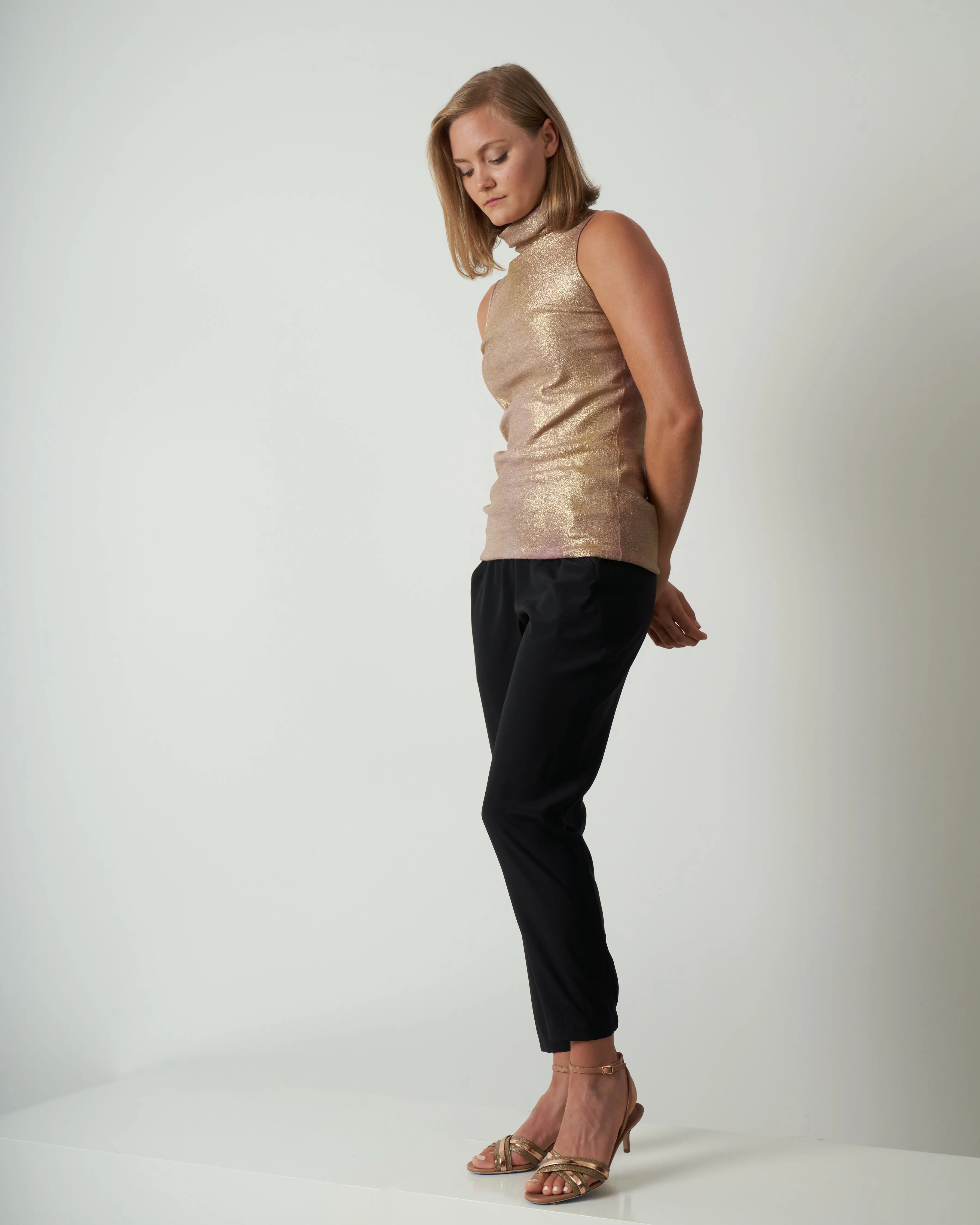 high neck stretch top with lamination - satin