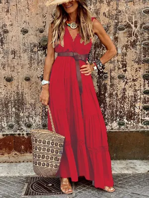 High Waist Maxi Dress with V-Neck and Tiered Skirt